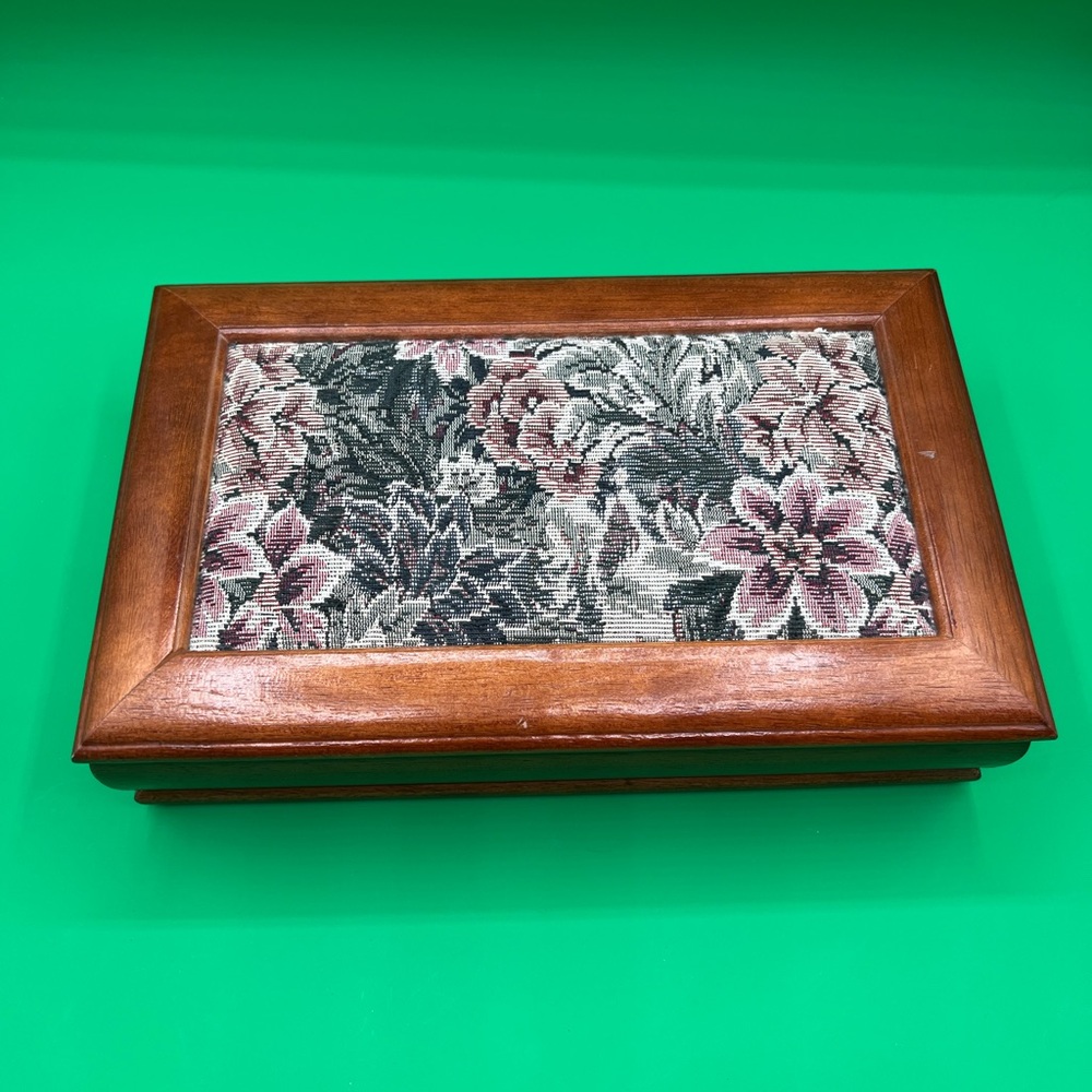 Vintage Solid Wood Tapestry Jewelry Box Mirror and Green Velvet Interior Retro